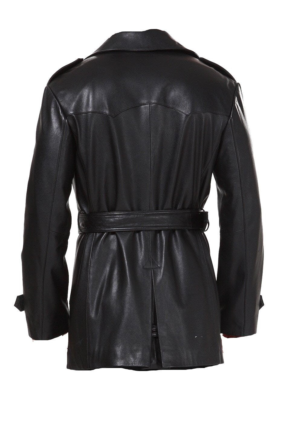 Handmade Black Leather Belted And Double Breasted Trench Coat