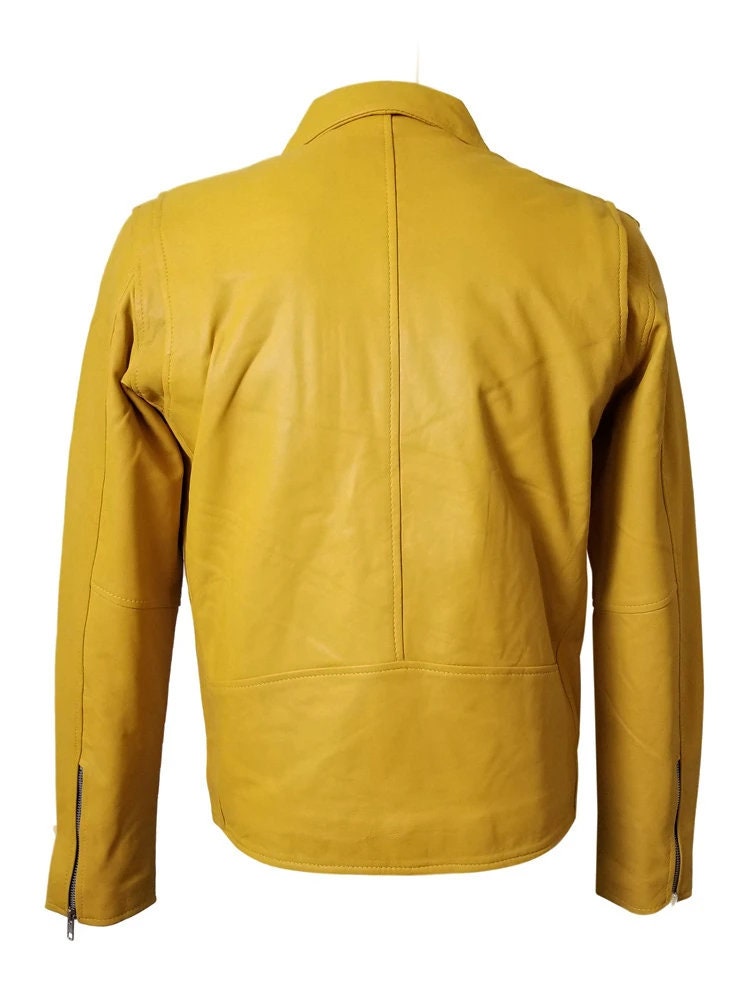 Handmade Olson's Yellow Biker Style Leather Jacket With Waist Belt