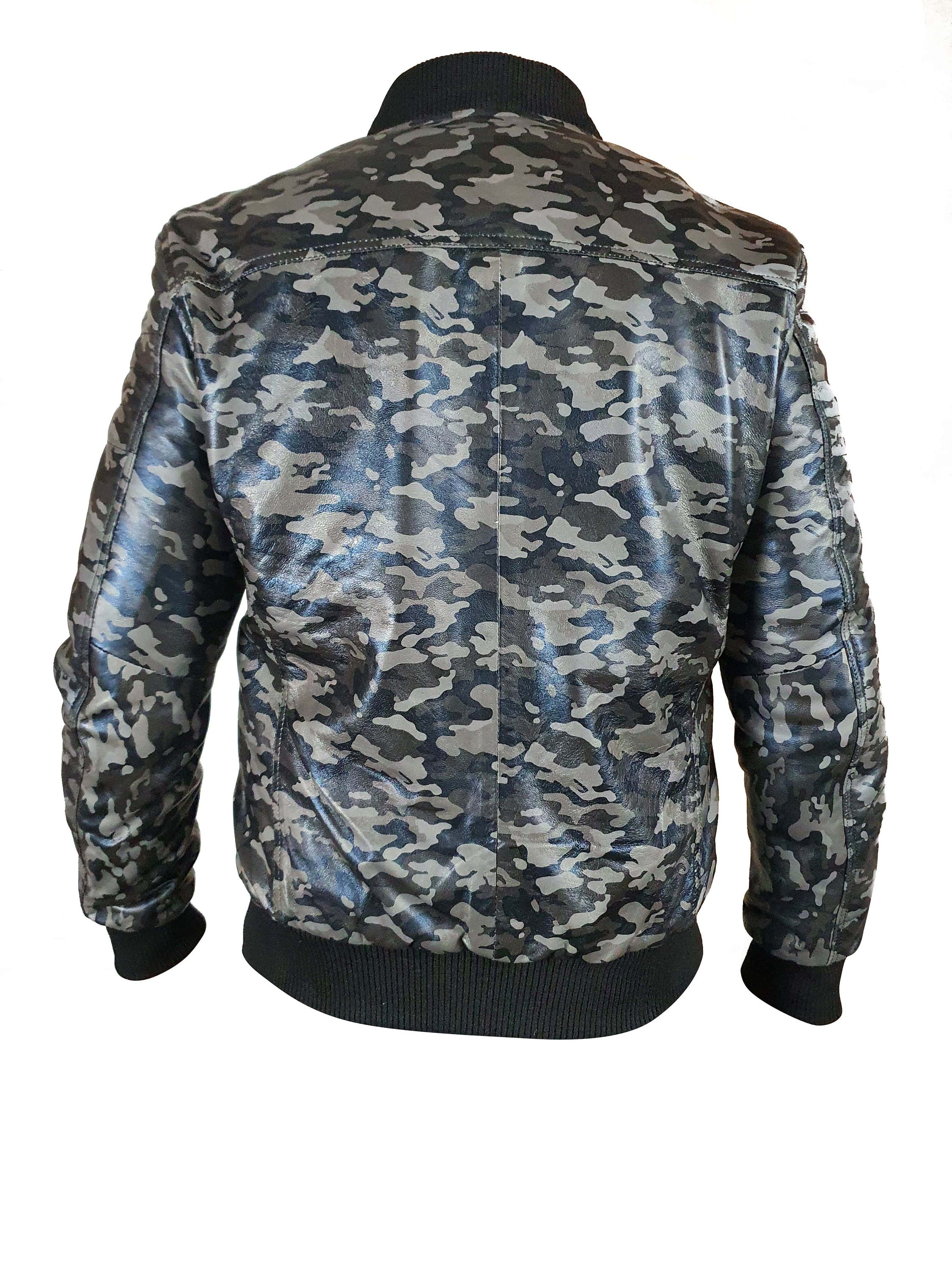Handmade Bomber Grey Camouflage Military Print Leather Jacket