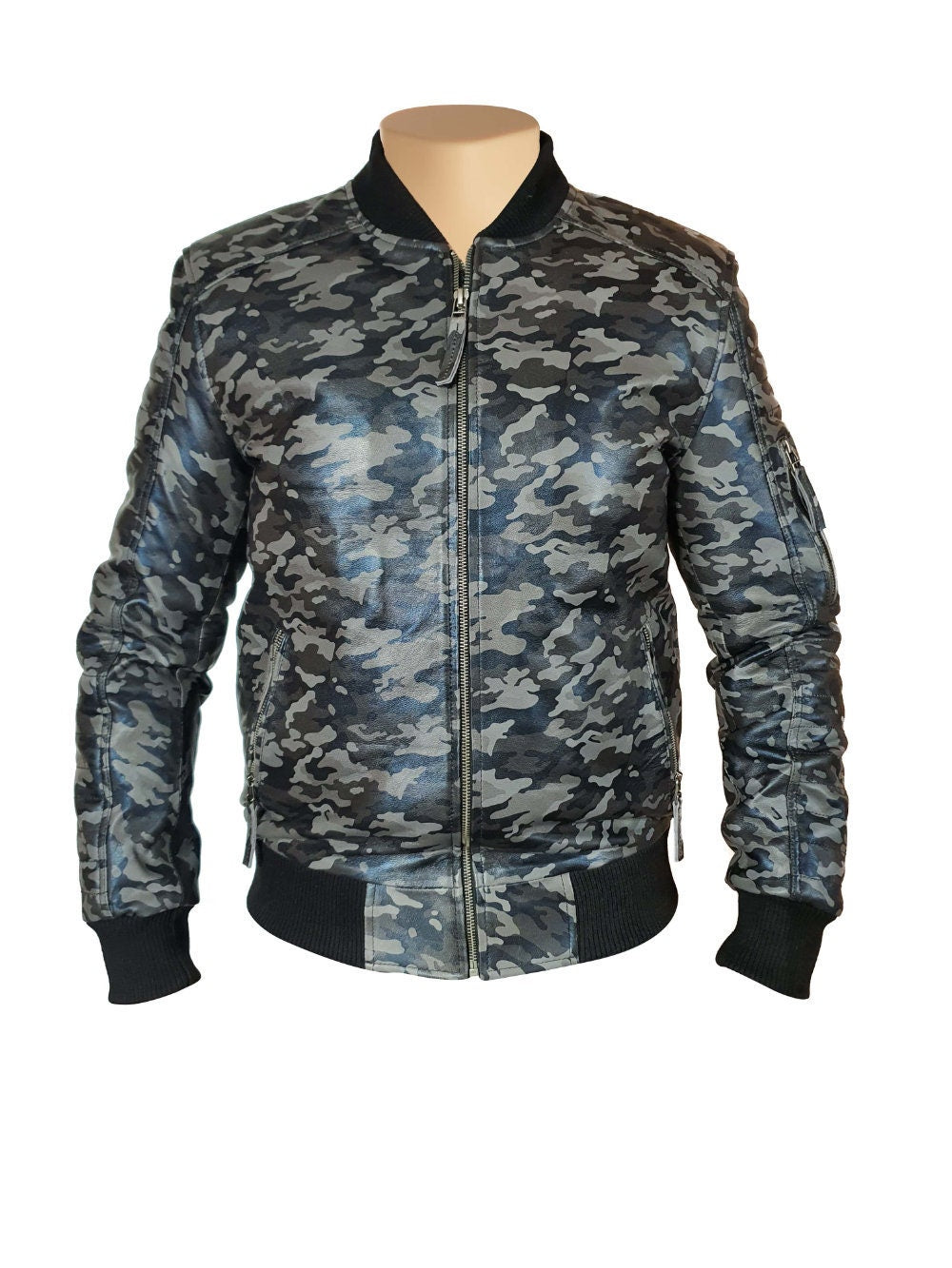 Handmade Bomber Grey Camouflage Military Print Leather Jacket