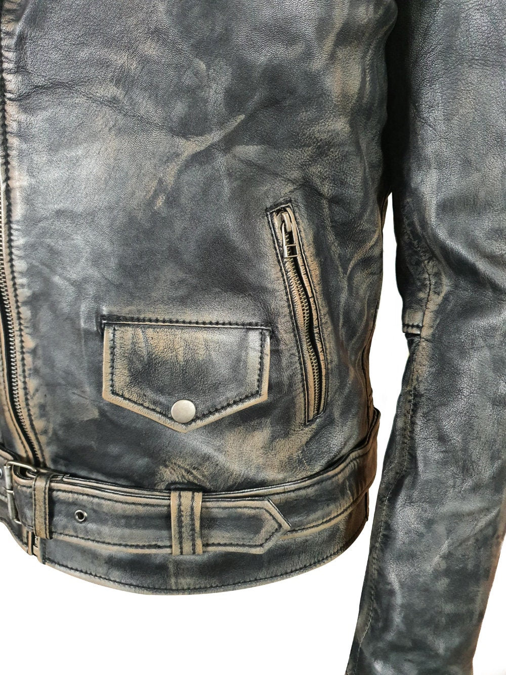 Handmade Distressed Biker Style Jacket With Belt