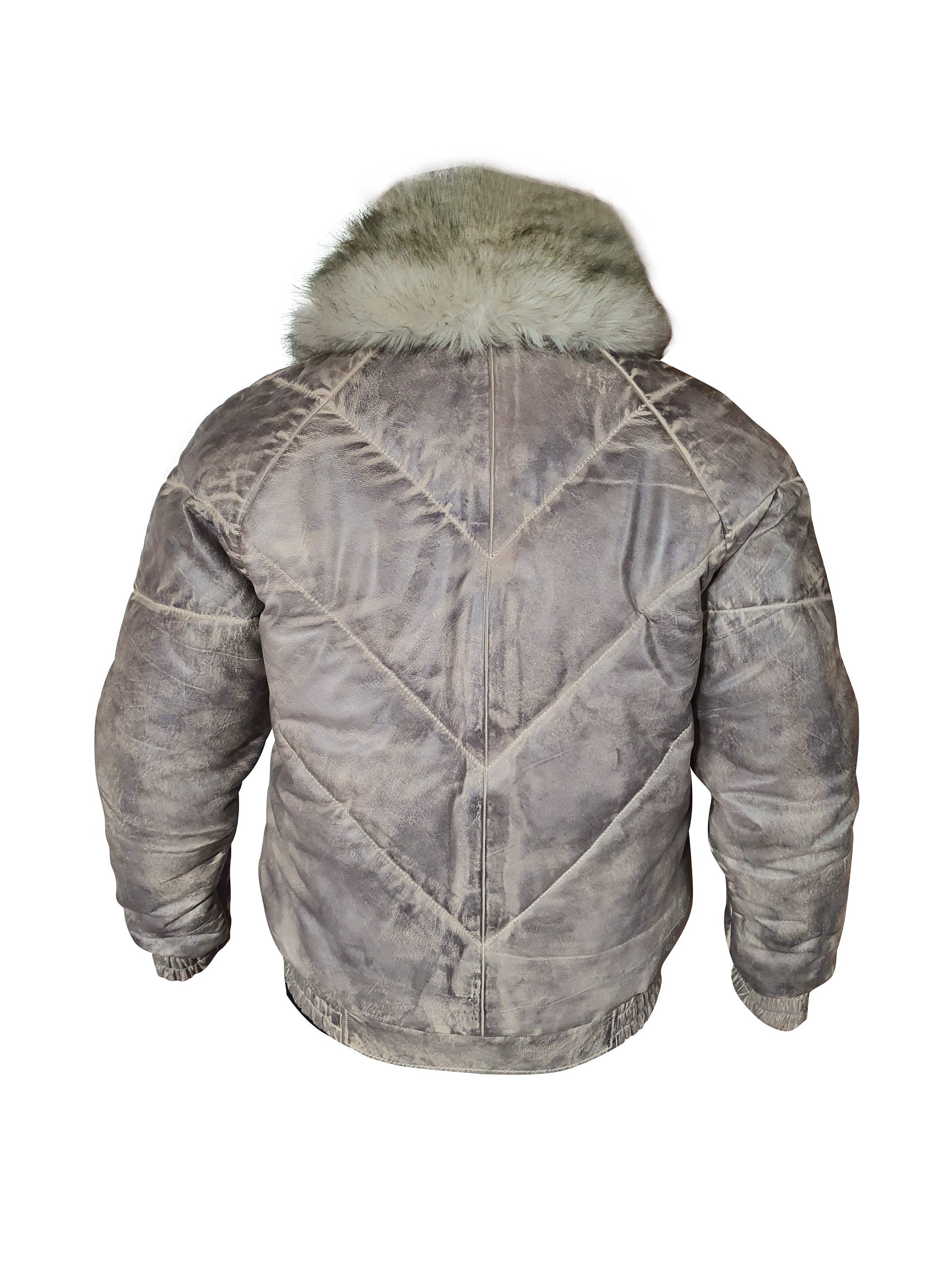 Handmade Casper's V-Bomber Style Puffer Winter Leather Jacket With White Fox Fur Collar