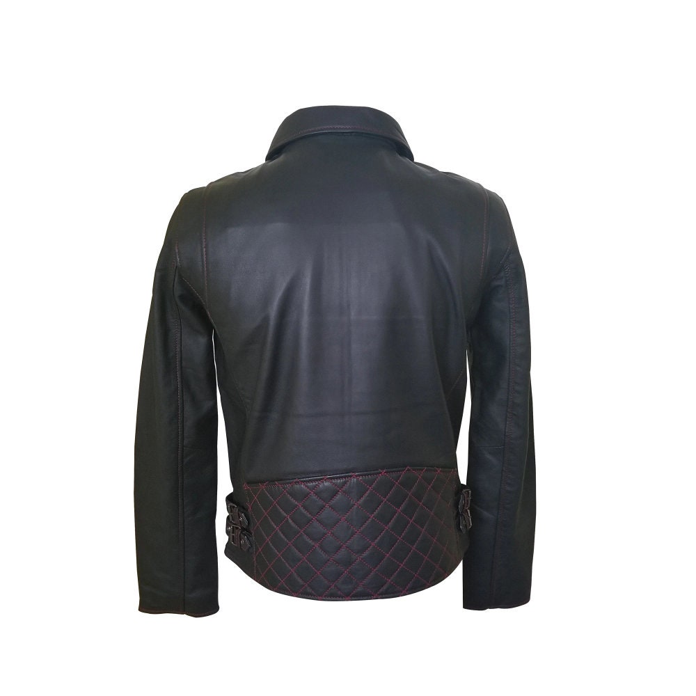 Handmade Bonnie's Black Leather Jacket With Red Stitching