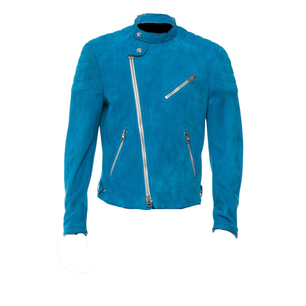 Handmade Blue Suede Jacket With Snap Collar