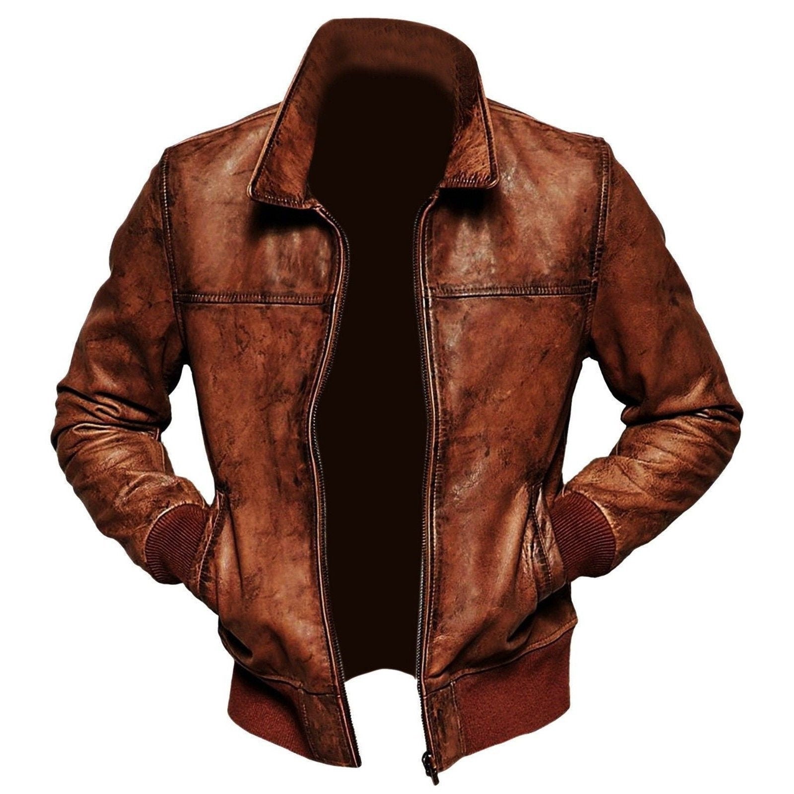Handmade Boyd's Rust Leather Jacket With Ribbed Cuffs