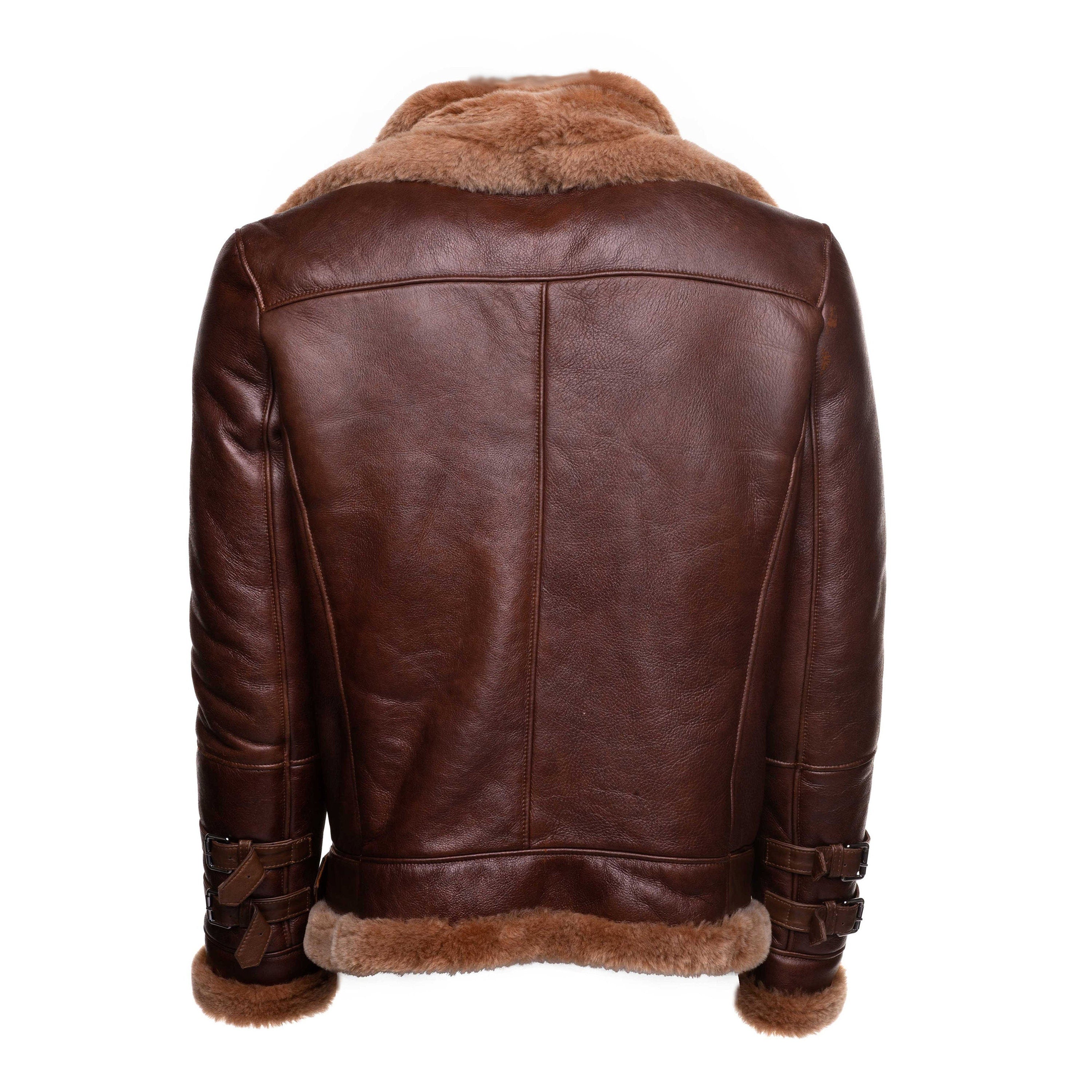 Handmade Phan's Brown Aviator Bomber Shearling Jacket With A Waist Belt