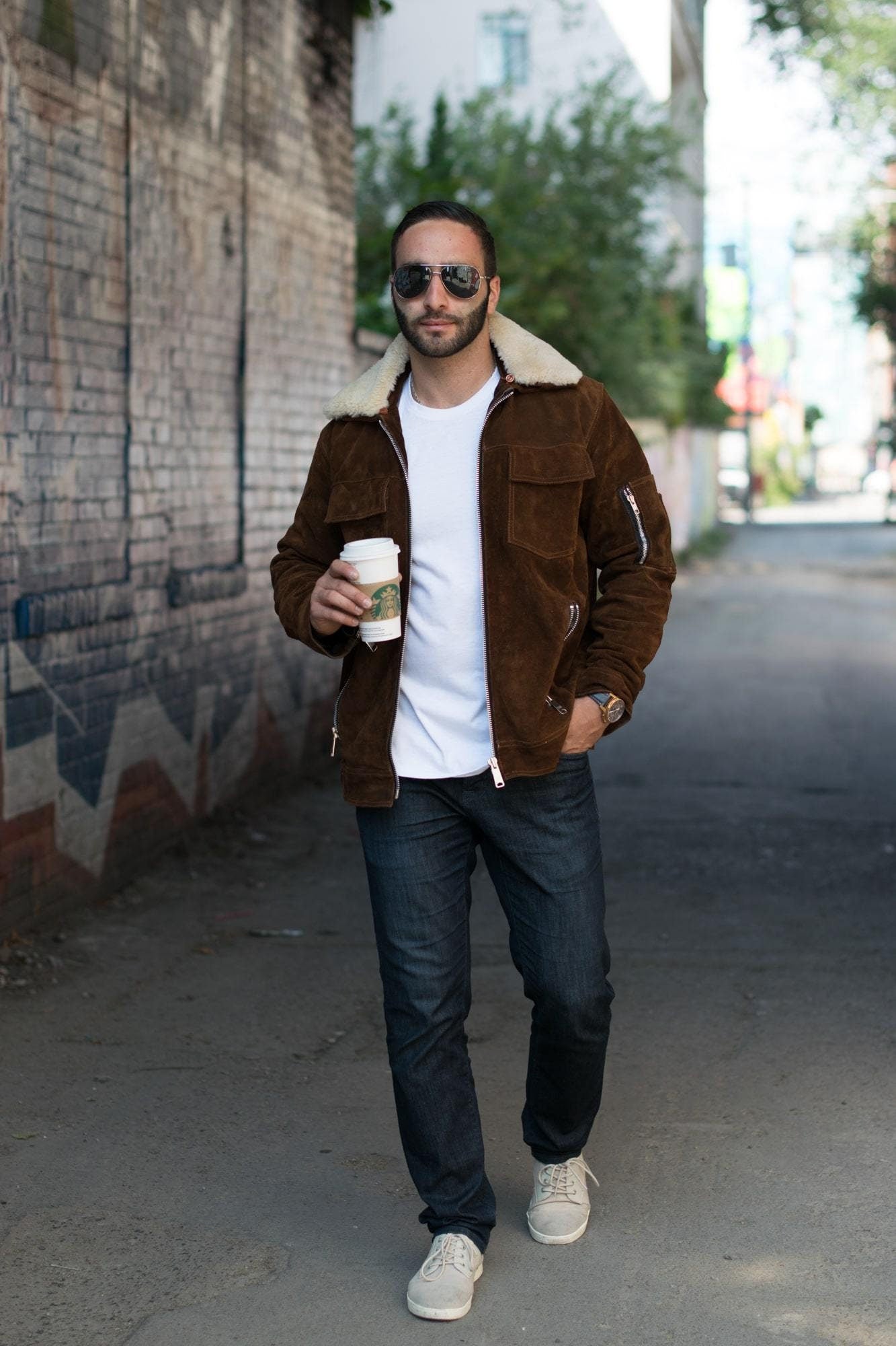 Handmade Suede Bomber Leather Jacket With Fur Collar