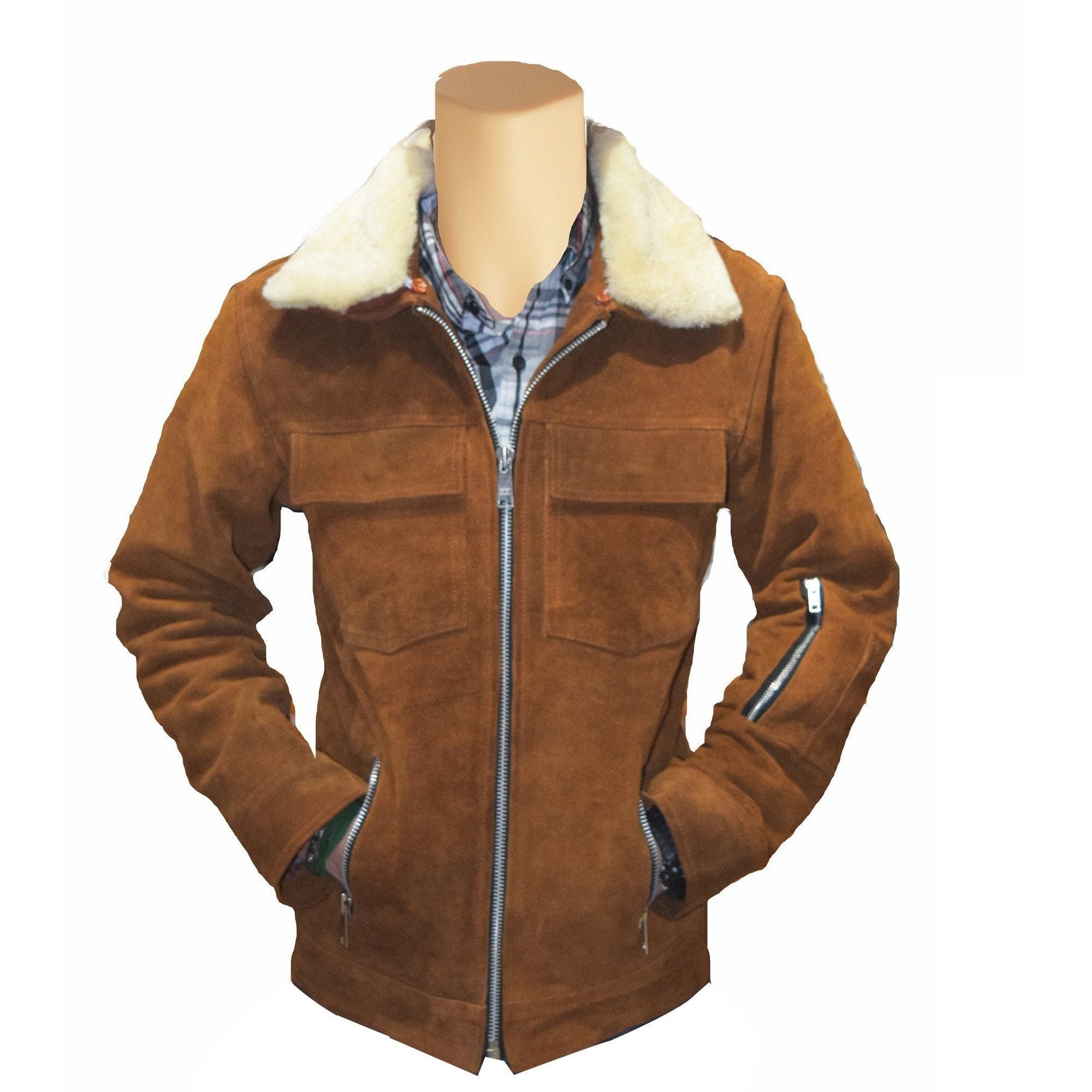 Handmade Suede Bomber Leather Jacket With Fur Collar