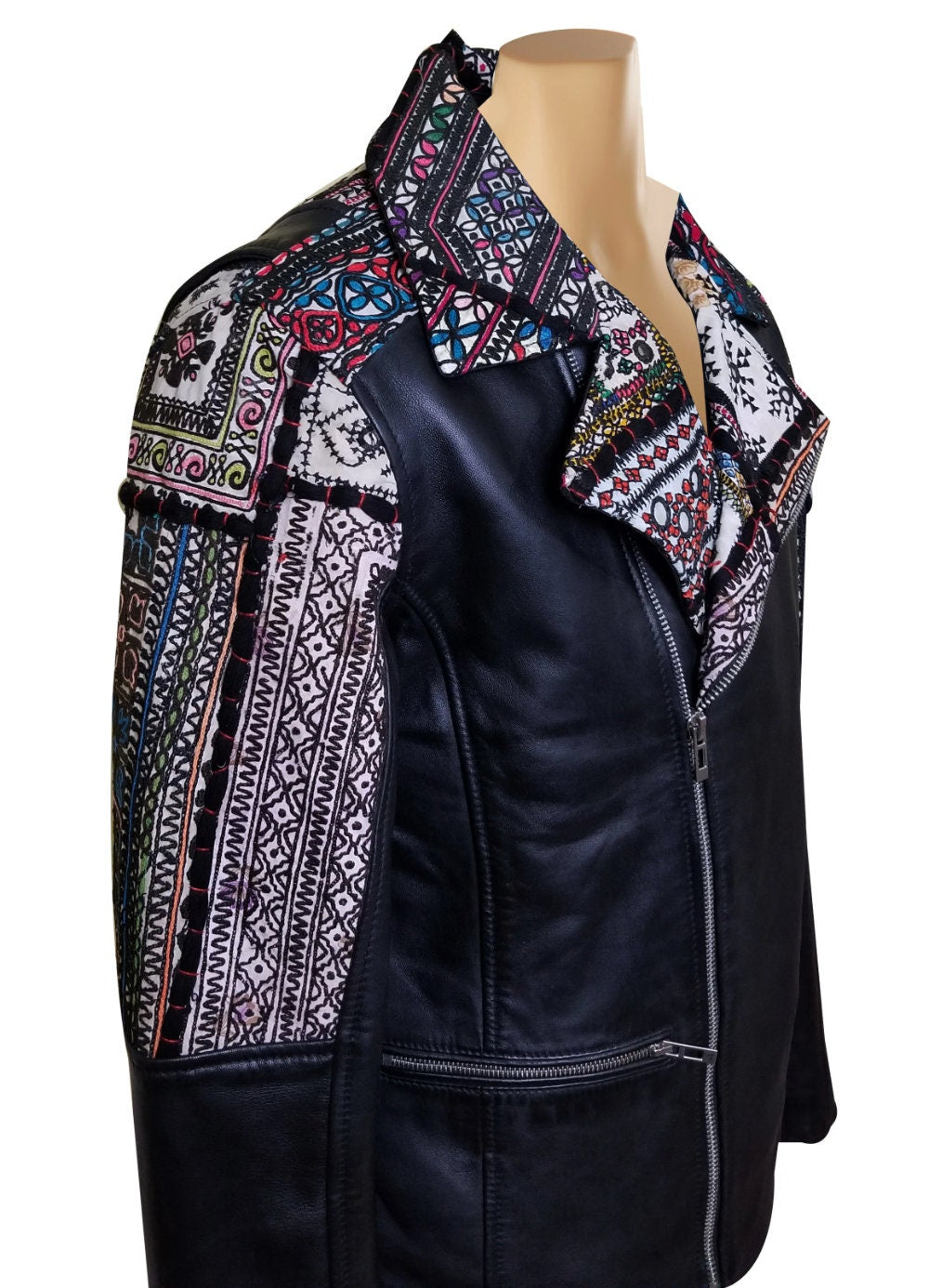 Handmade  Bohemian Leather Jacket With Tribal Hand Embroidered Fabric
