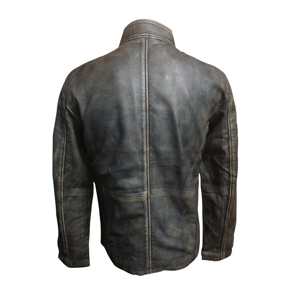 Handmade Kwame's Vintage Style Leather Jacket With Straight Collar