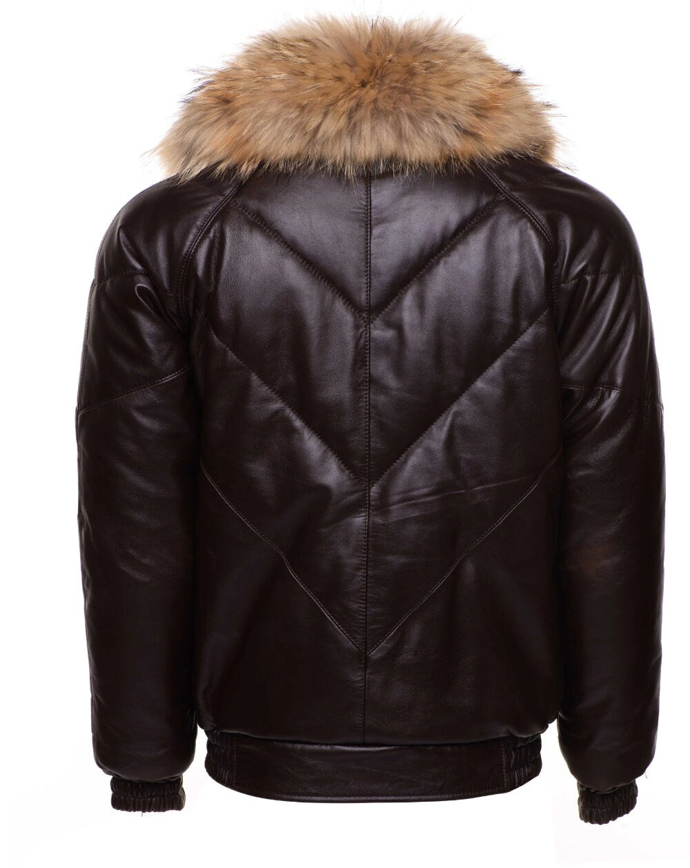 Handmade Brown V-Bomber Style Puffer Winter Leather Jacket With Fur Collar