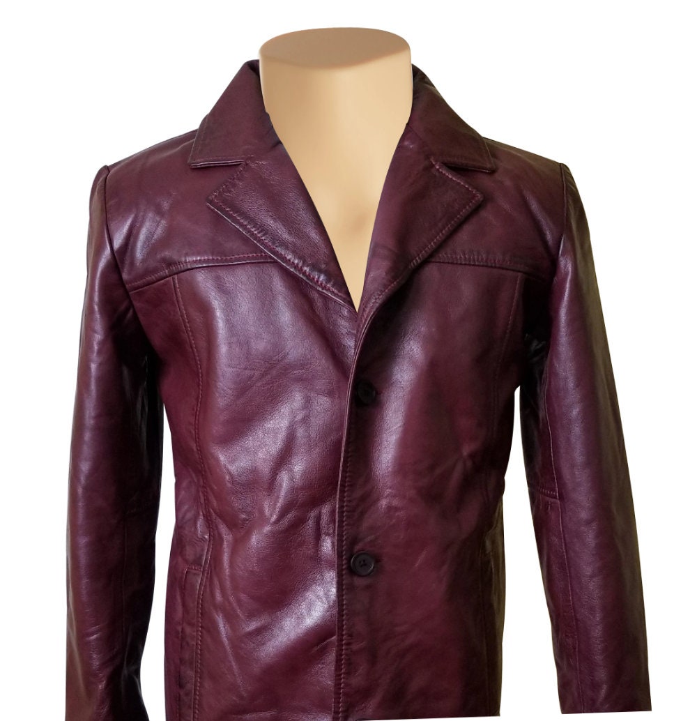 Handmade Krueger's Maroon Buttoned Leather Blazer