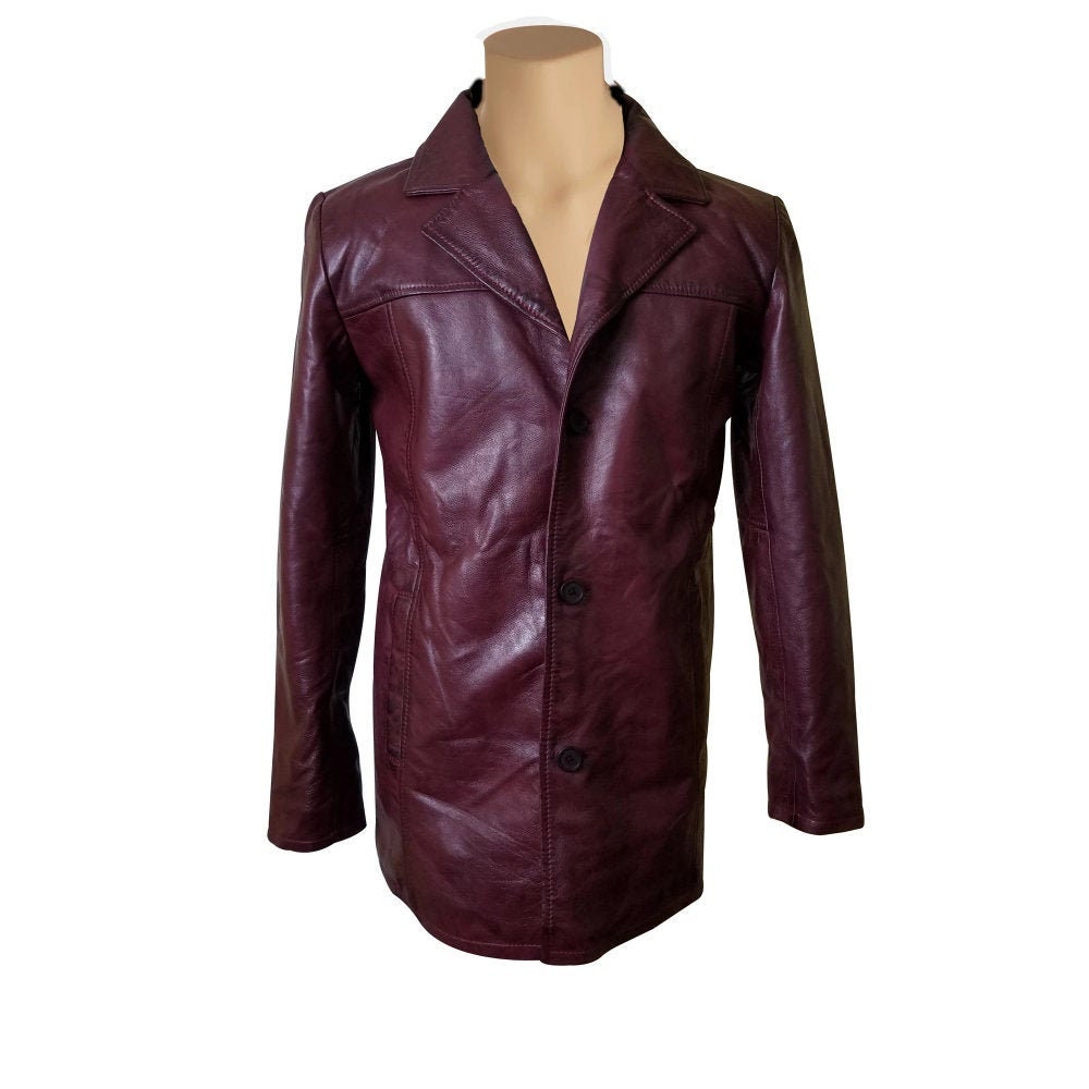 Handmade Krueger's Maroon Buttoned Leather Blazer