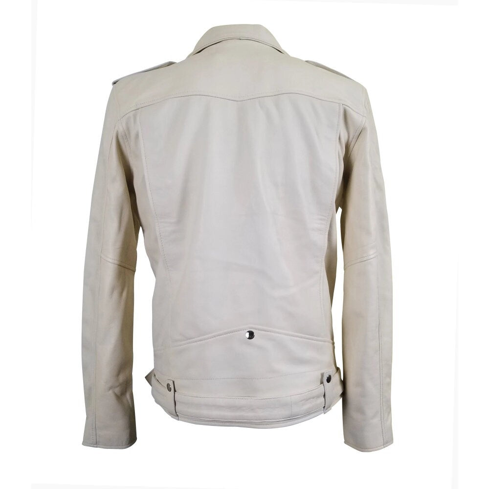 Handmade Holman's Cream Color Biker Leather Jacket With Waist Belt