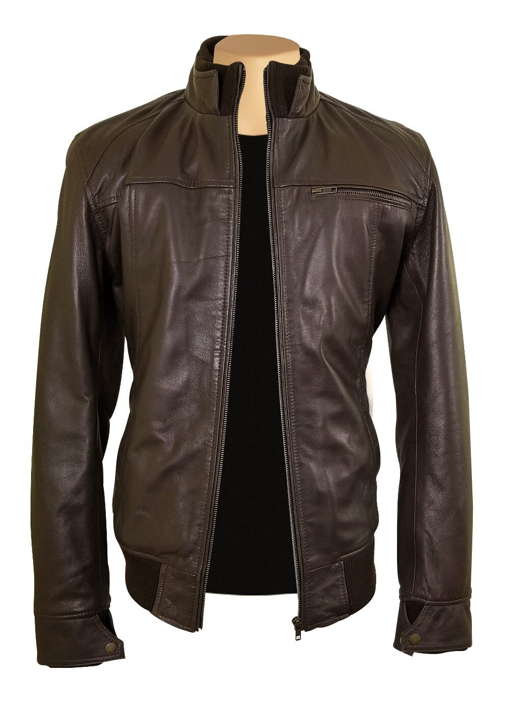 Handmade Brown Leather Jacket With Straight Ribbed Collar, Cuffs And Hem