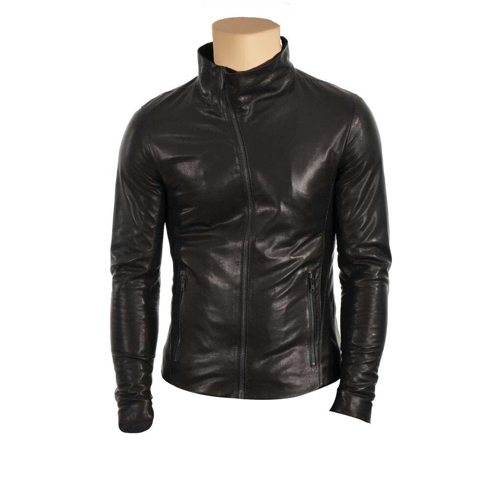 Handmade Black Leather Jacket With High Neck Pullover