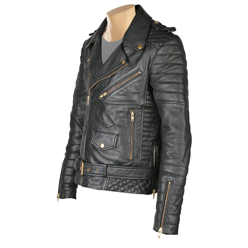 Handmade Mercado's Quilted Biker Leather Jacket With Waist Belt