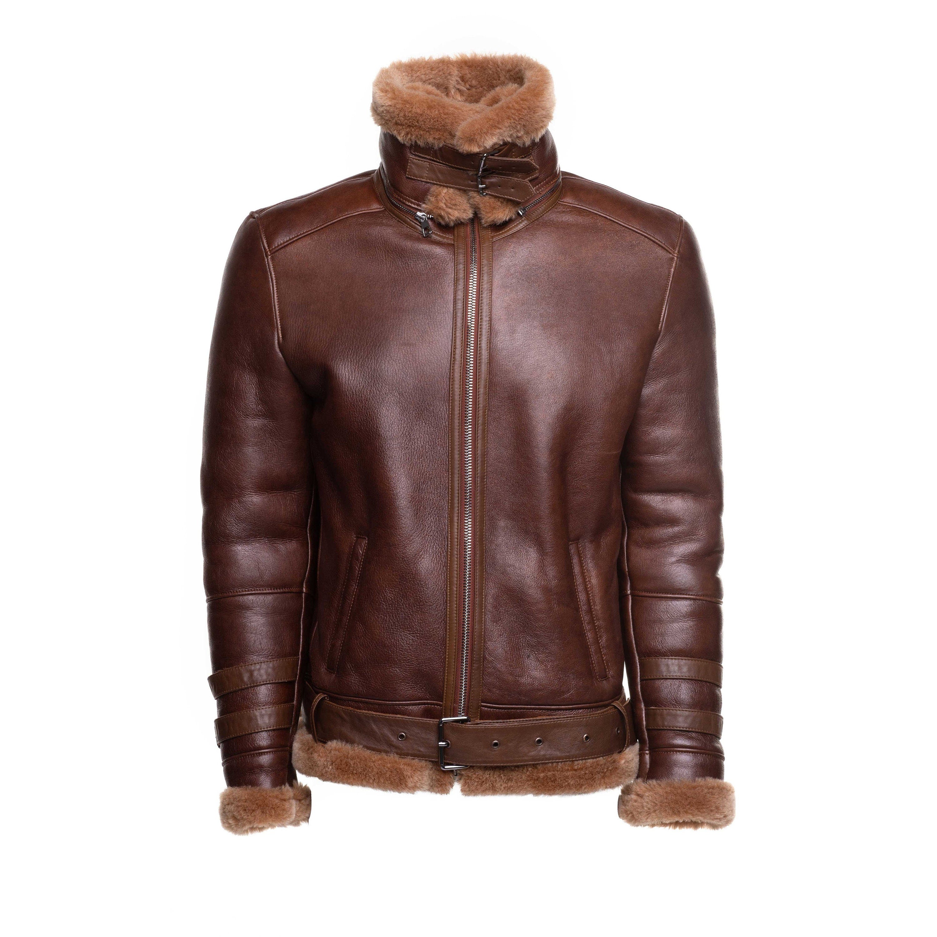 Handmade Phan's Brown Aviator Bomber Shearling Jacket With A Waist Belt