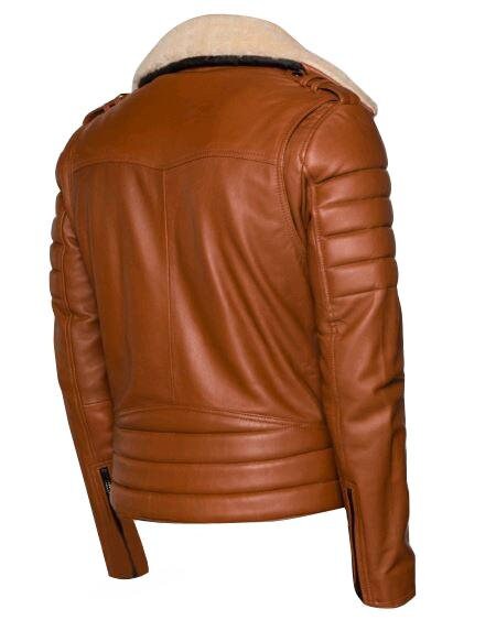 Handmade Woodwards English Tan Biker Jacket With Fur Collar