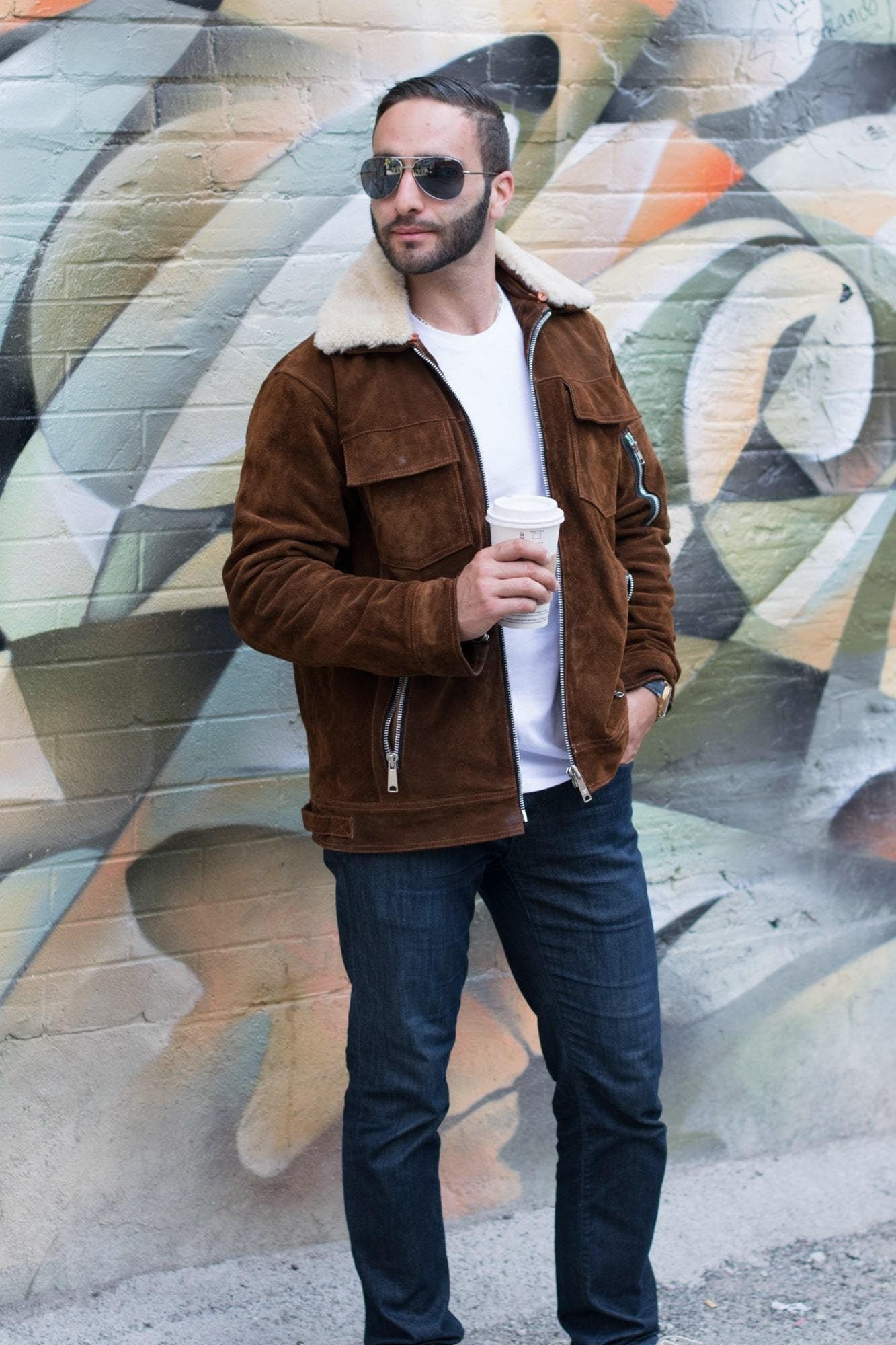 Handmade Suede Bomber Leather Jacket With Fur Collar