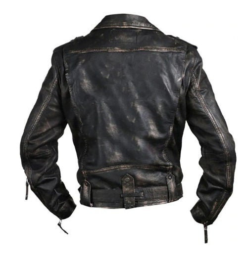 Handmade Brando Biker Vintage Cafe Racer Distressed Black Leather Jacket