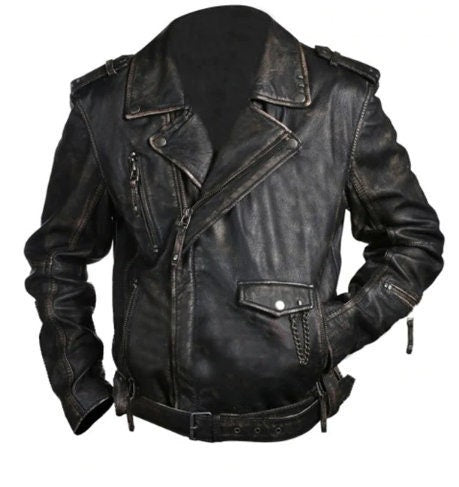 Handmade Brando Biker Vintage Cafe Racer Distressed Black Leather Jacket