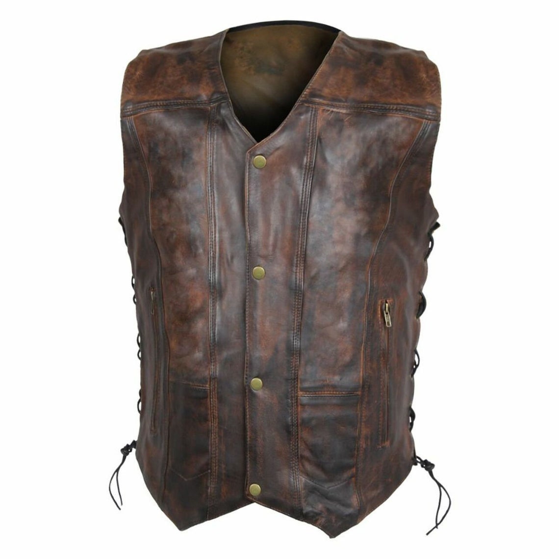 Brown Distressed Biker Leather Vest Handcrafted by Ox and Bulls