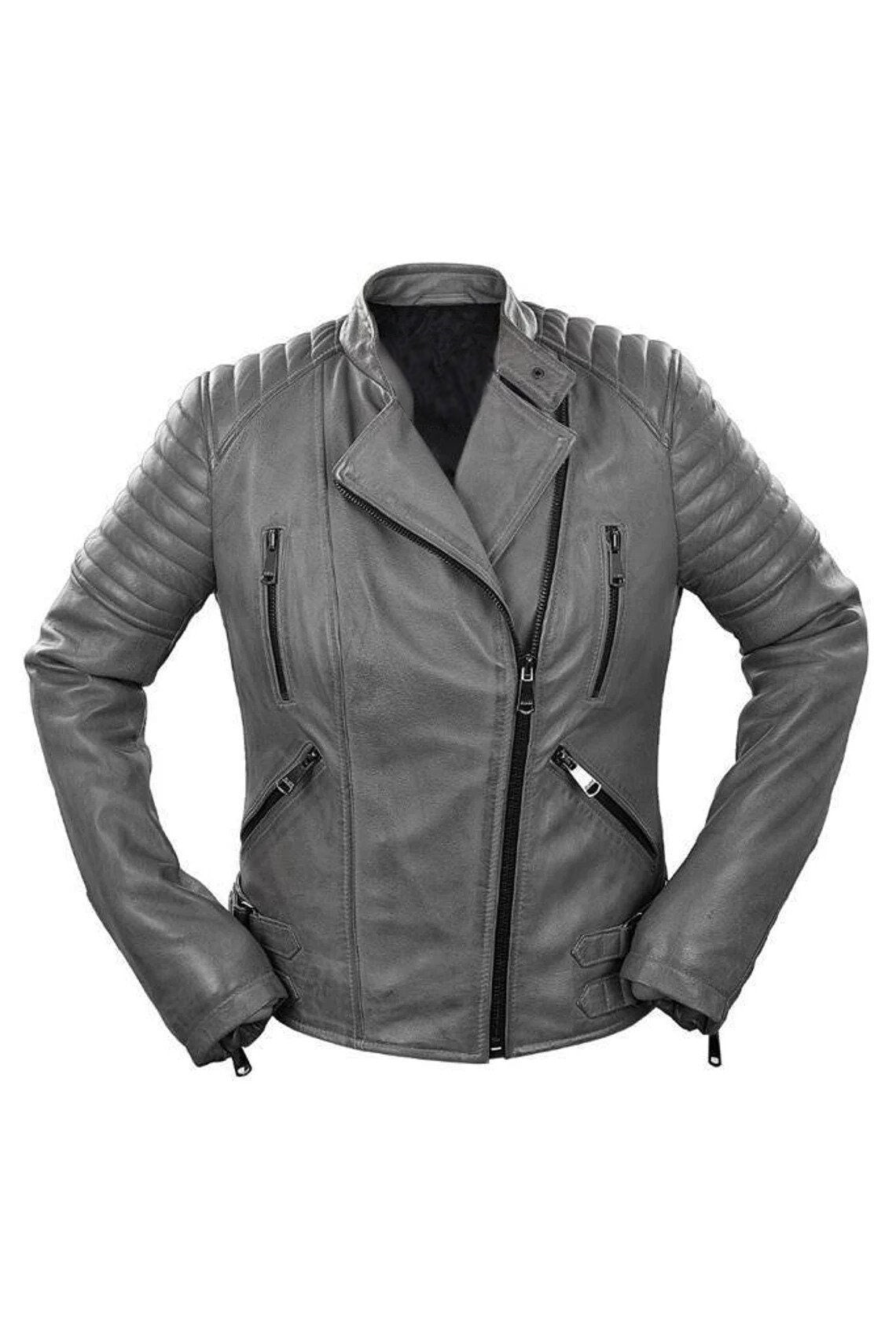 Handmade  Stylish Look Gray Biker Leather Jacket for Women - Motorcycle Leather Jacket for Women