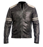 Handmade Cafe Racer Retro Hybrid Mayhem Motorcycle White Stripes Black Biker Leather Jacket