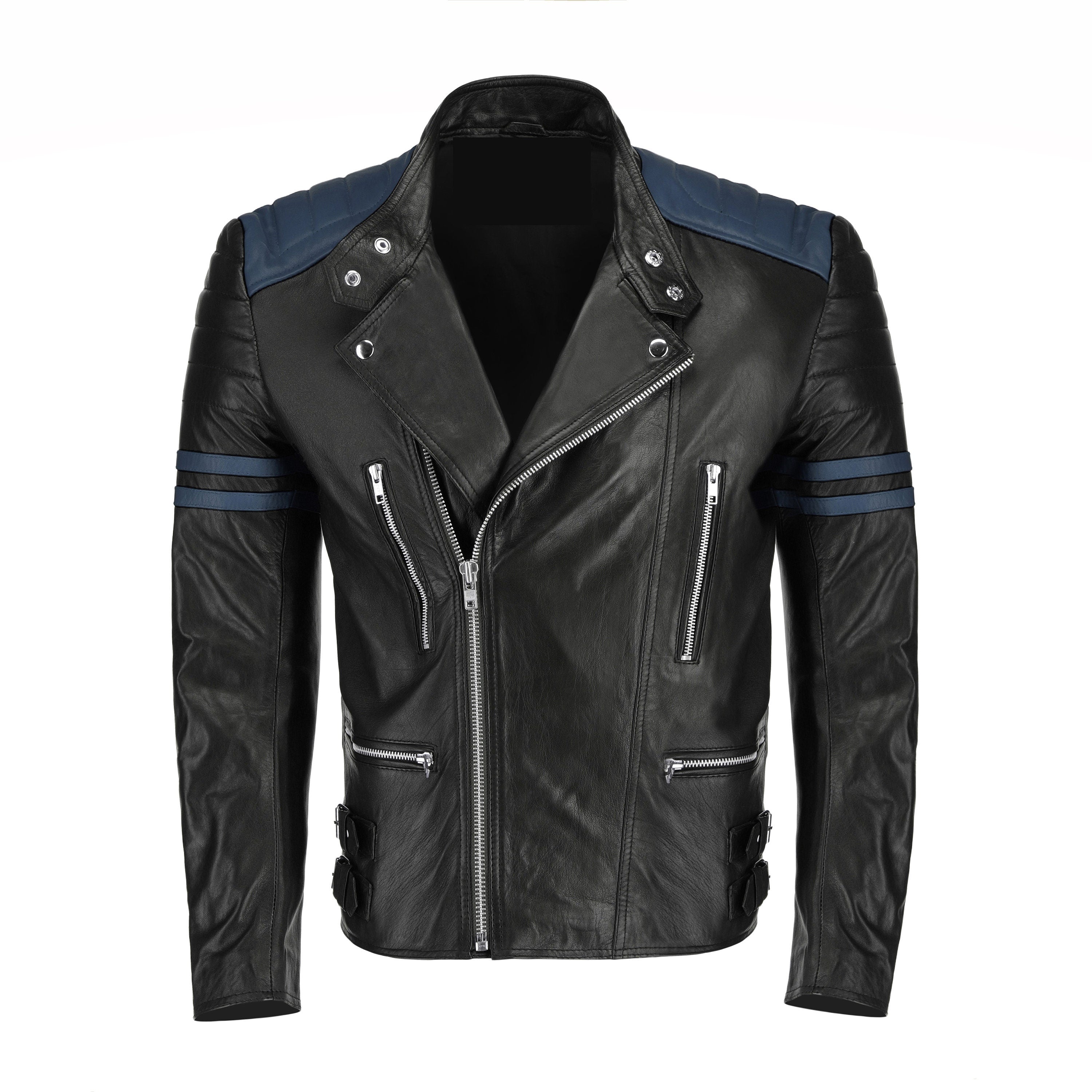 Handmade  Rodger's Blue And Black Biker Style Leather Jacket