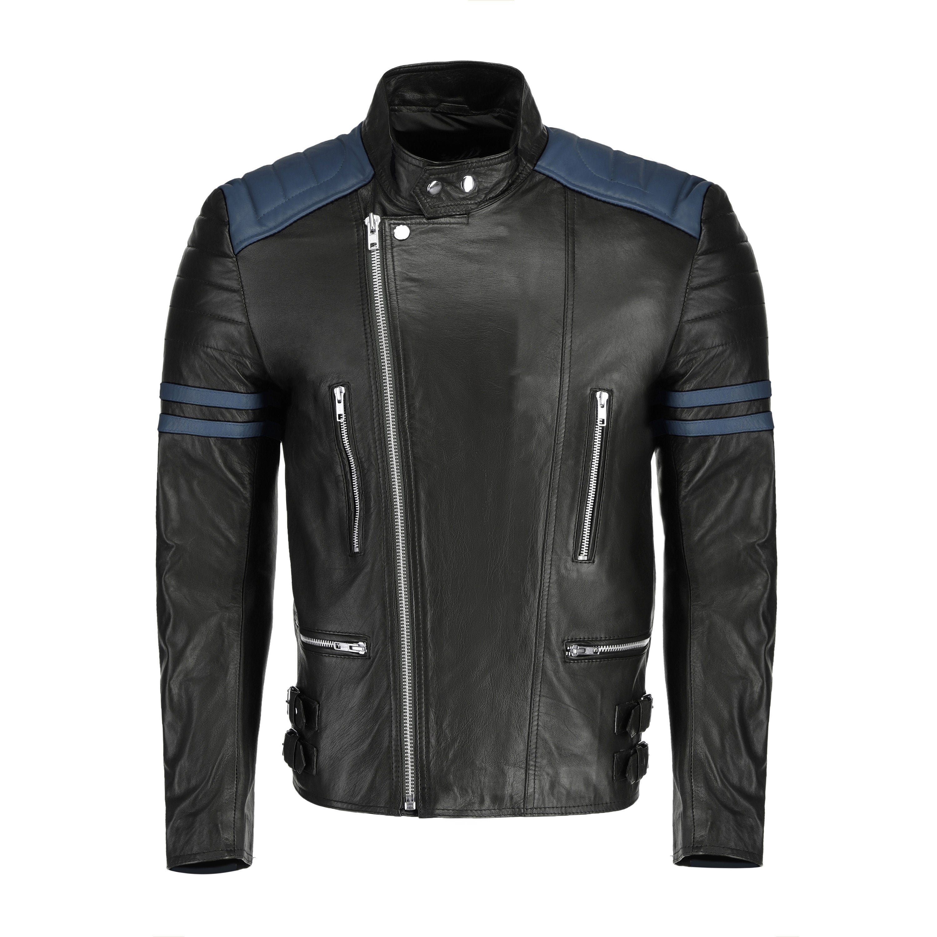 Handmade  Rodger's Blue And Black Biker Style Leather Jacket