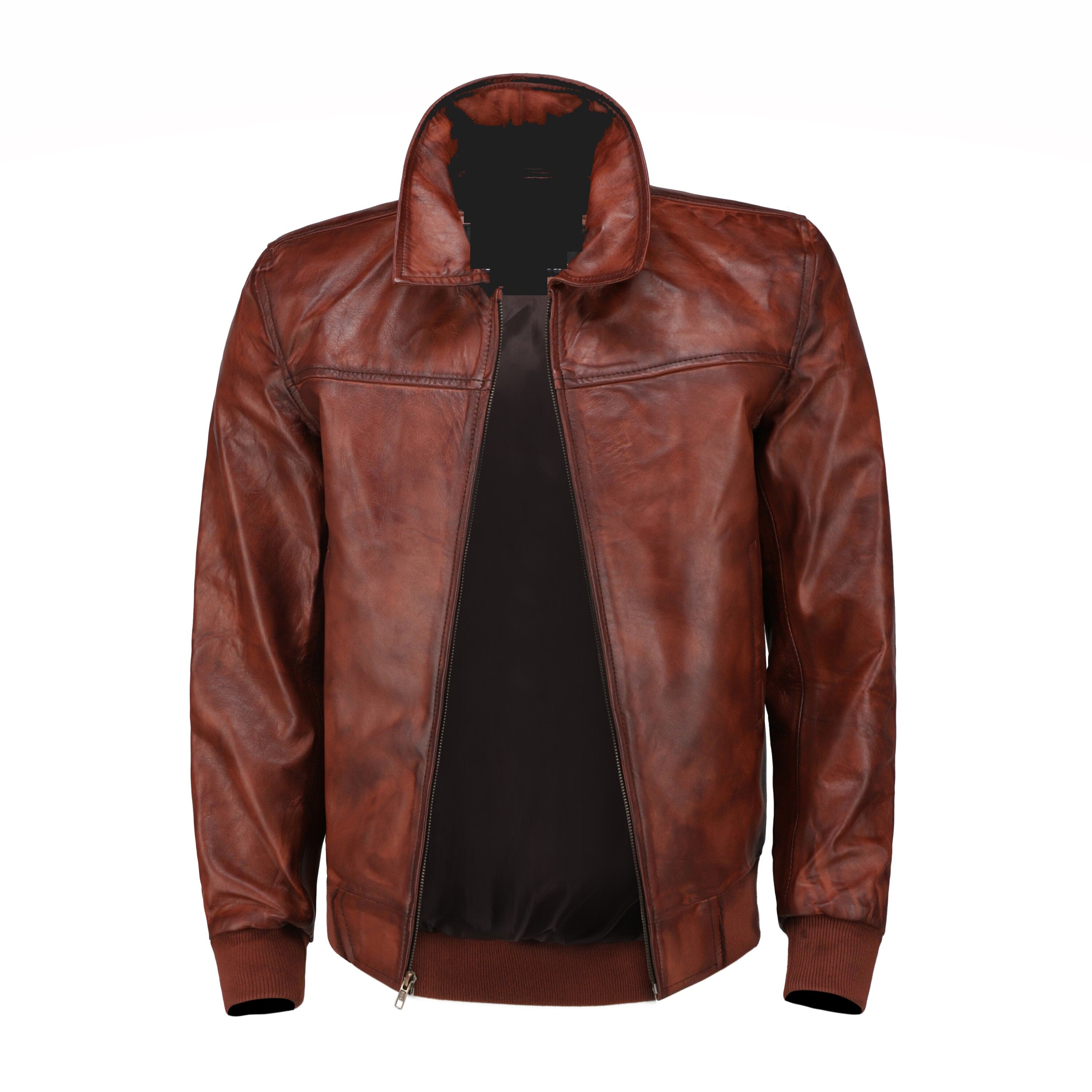 Handmade Boyd's Brown Leather Jacket With Ribbed Cuffs