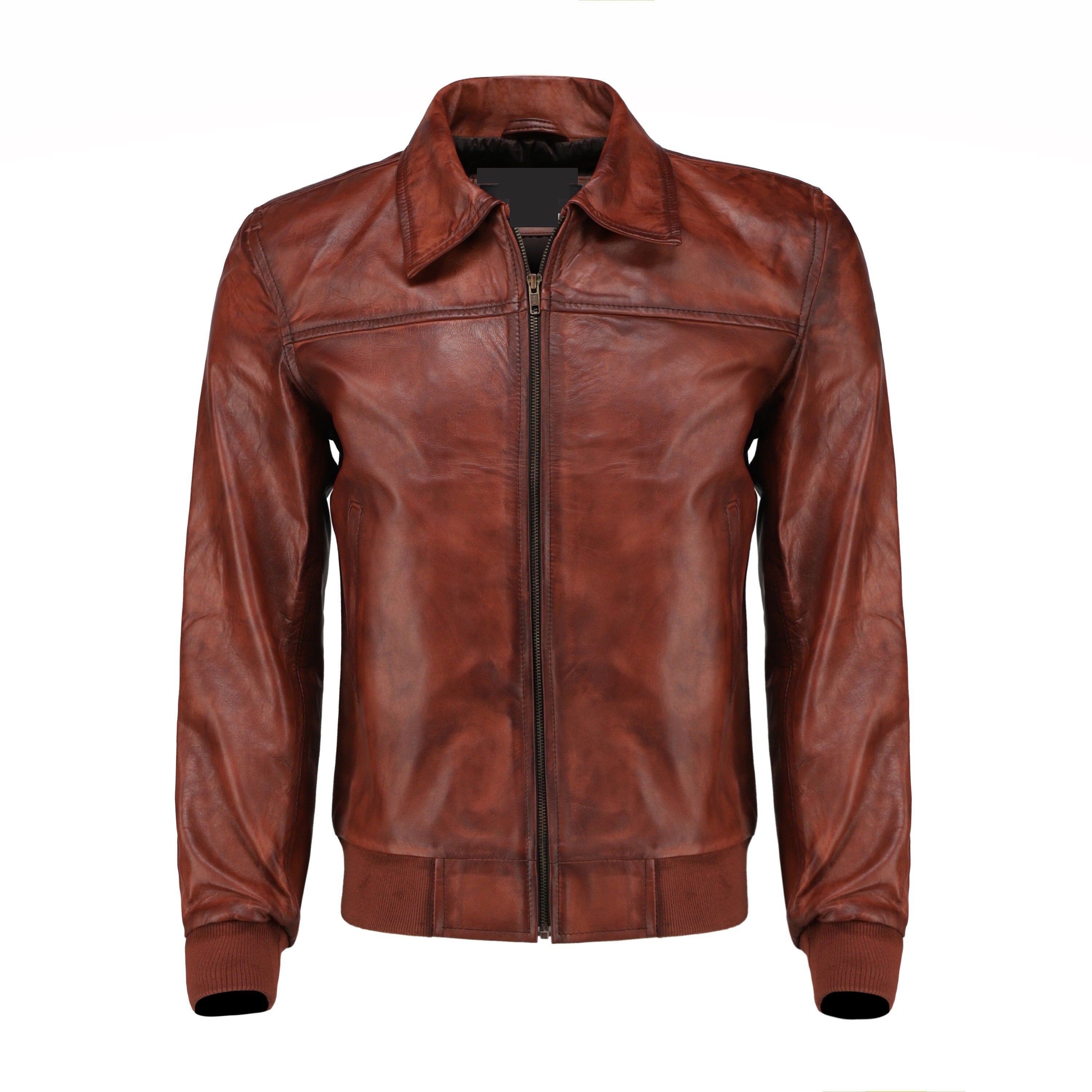 Handmade Boyd's Brown Leather Jacket With Ribbed Cuffs