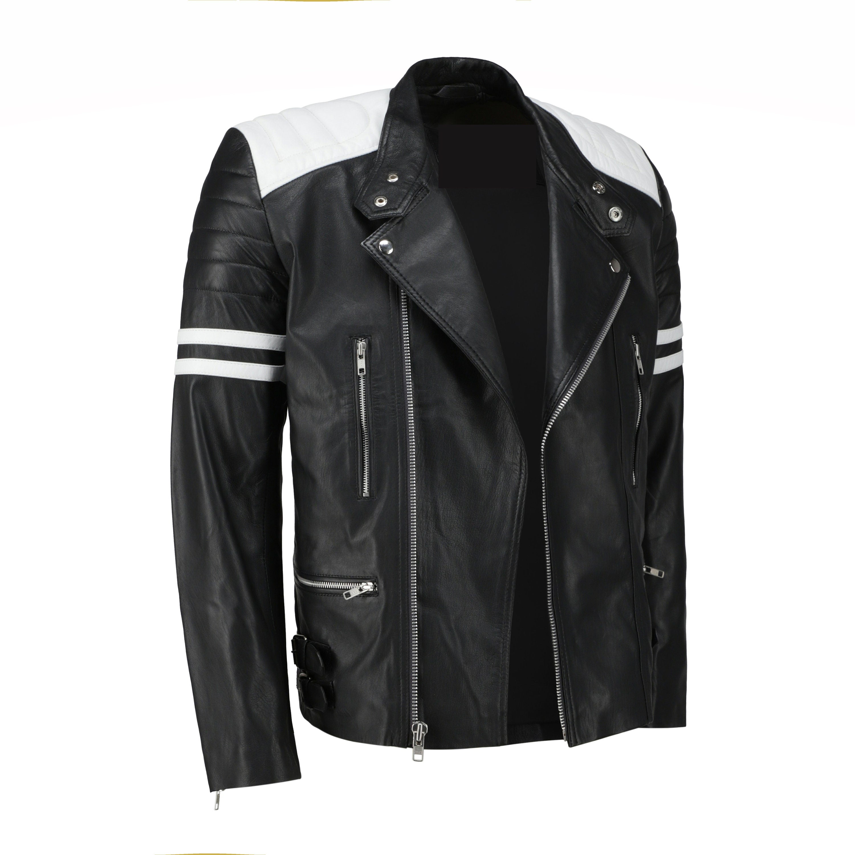 Handmade  Rodger's White And Black Biker Style Leather Jacket