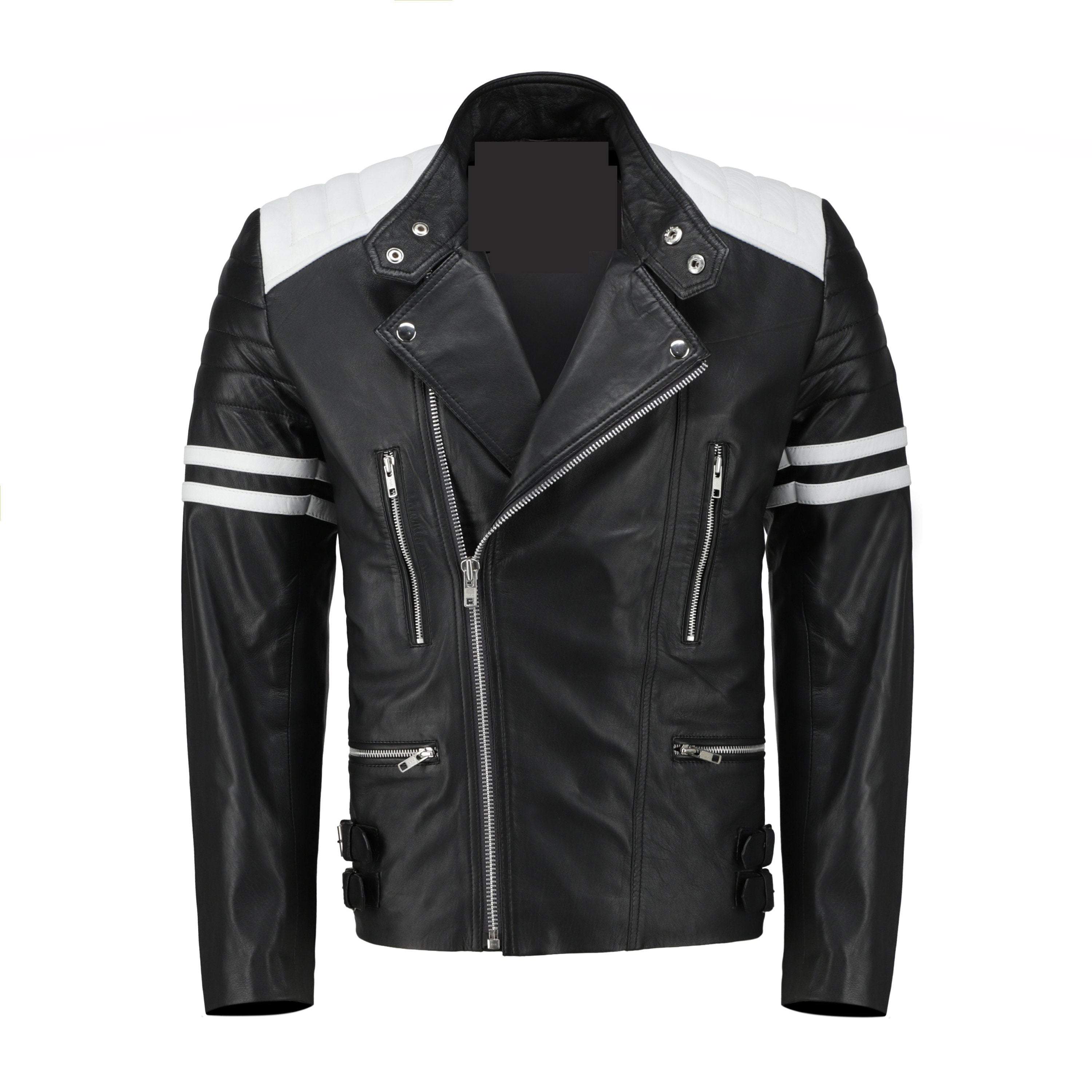 Rodger's White And Black Biker Style Leather Jacket Handcrafted by Ox and Bulls