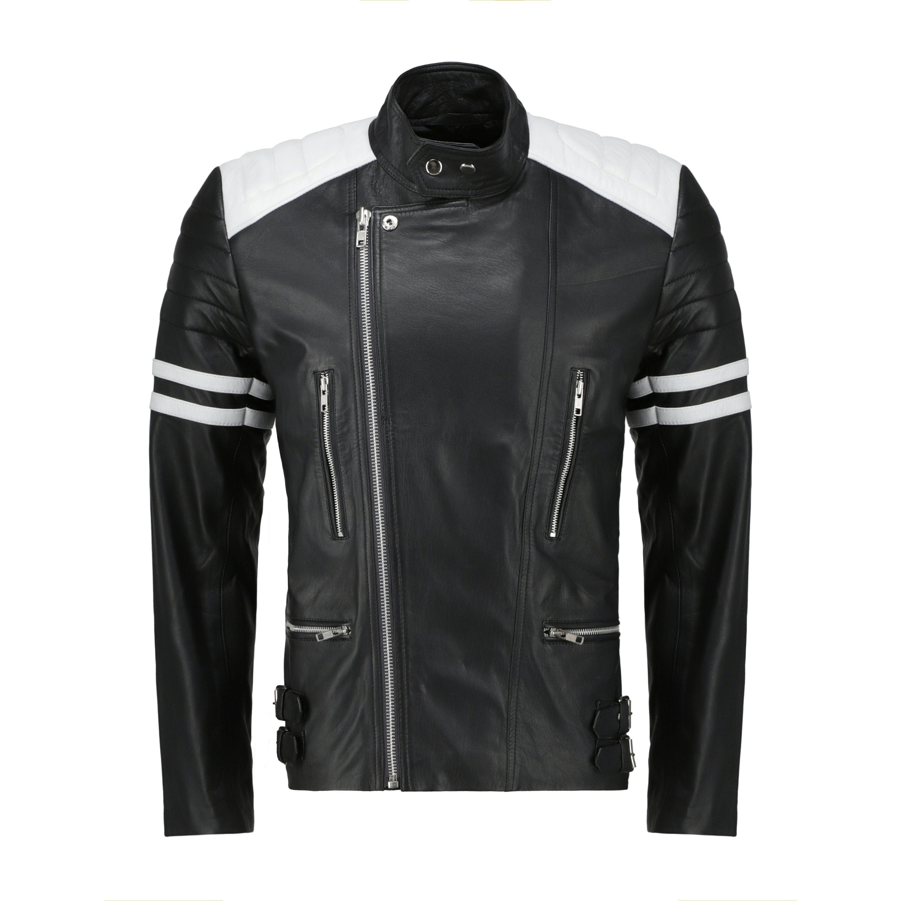 Rodger's White And Black Biker Style Leather Jacket Handcrafted by Ox and Bulls