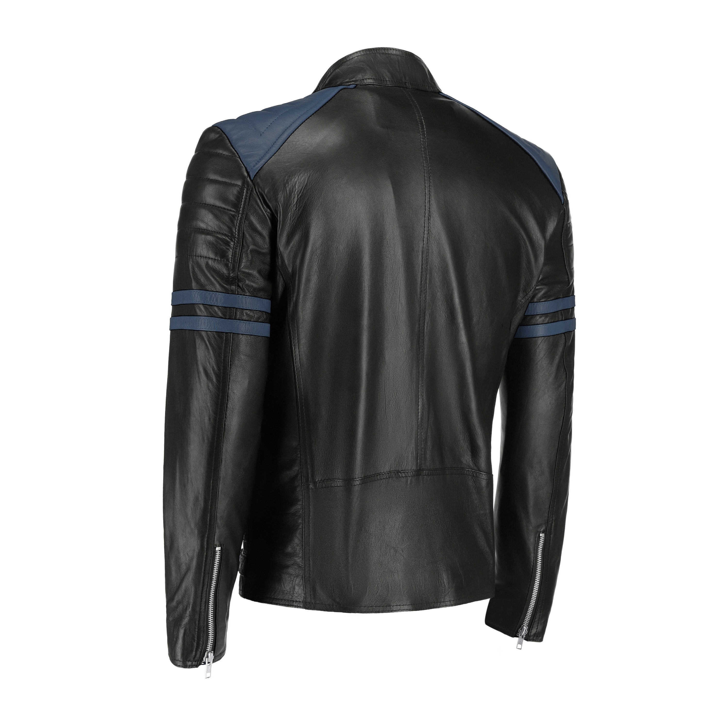 Handmade  Rodger's Blue And Black Biker Style Leather Jacket