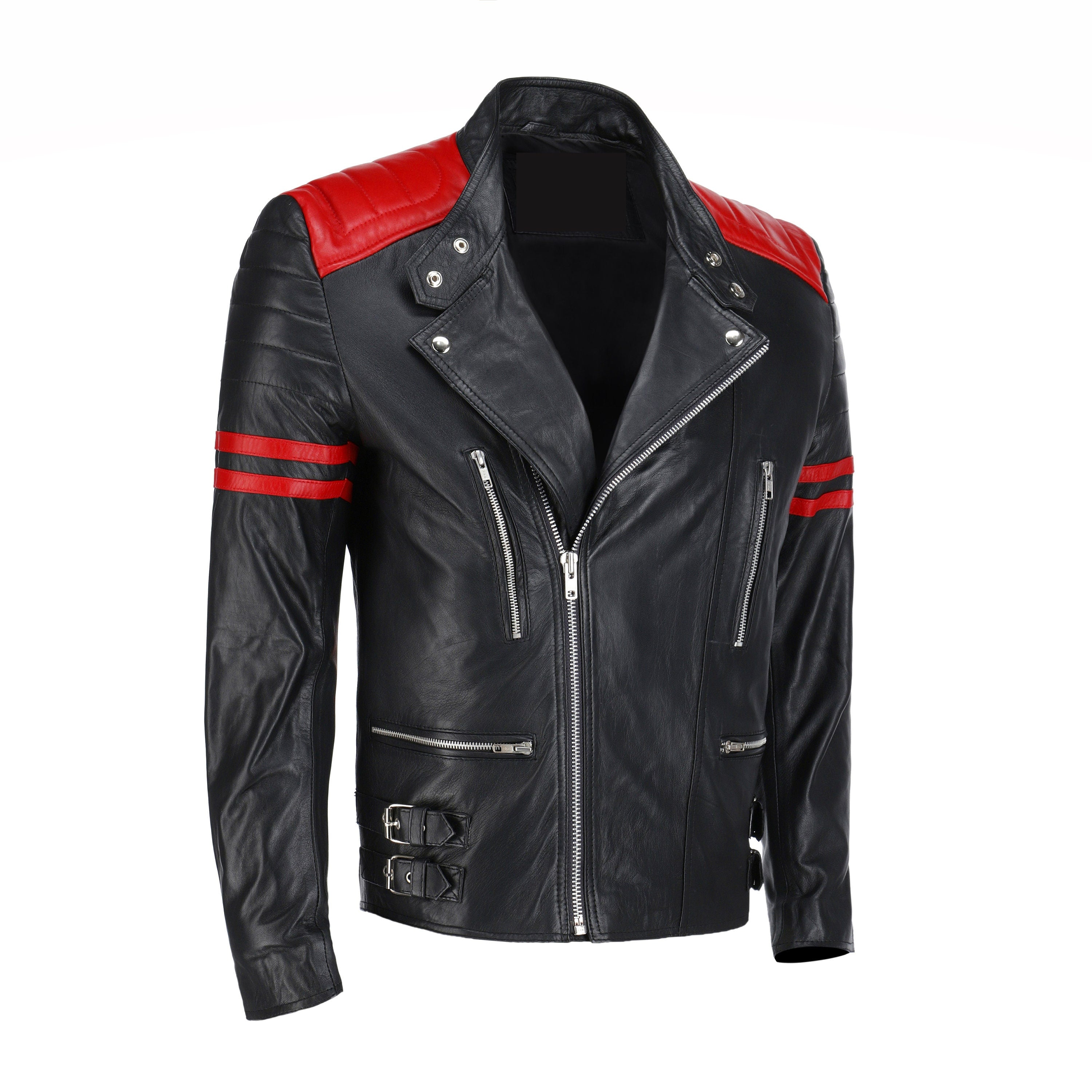 Handmade Rodger's Red And Black Biker Style Leather Jacket