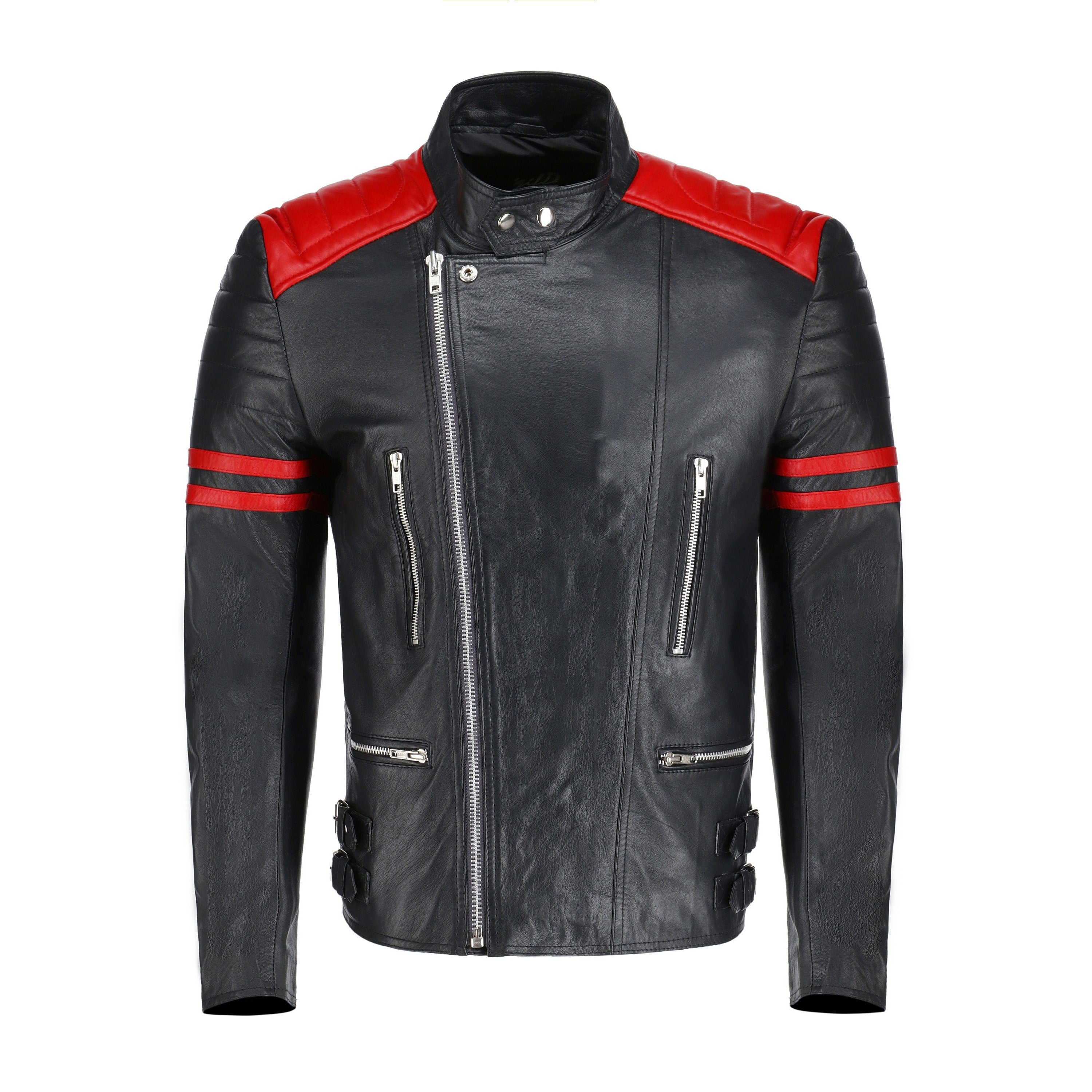 Handmade Rodger's Red And Black Biker Style Leather Jacket