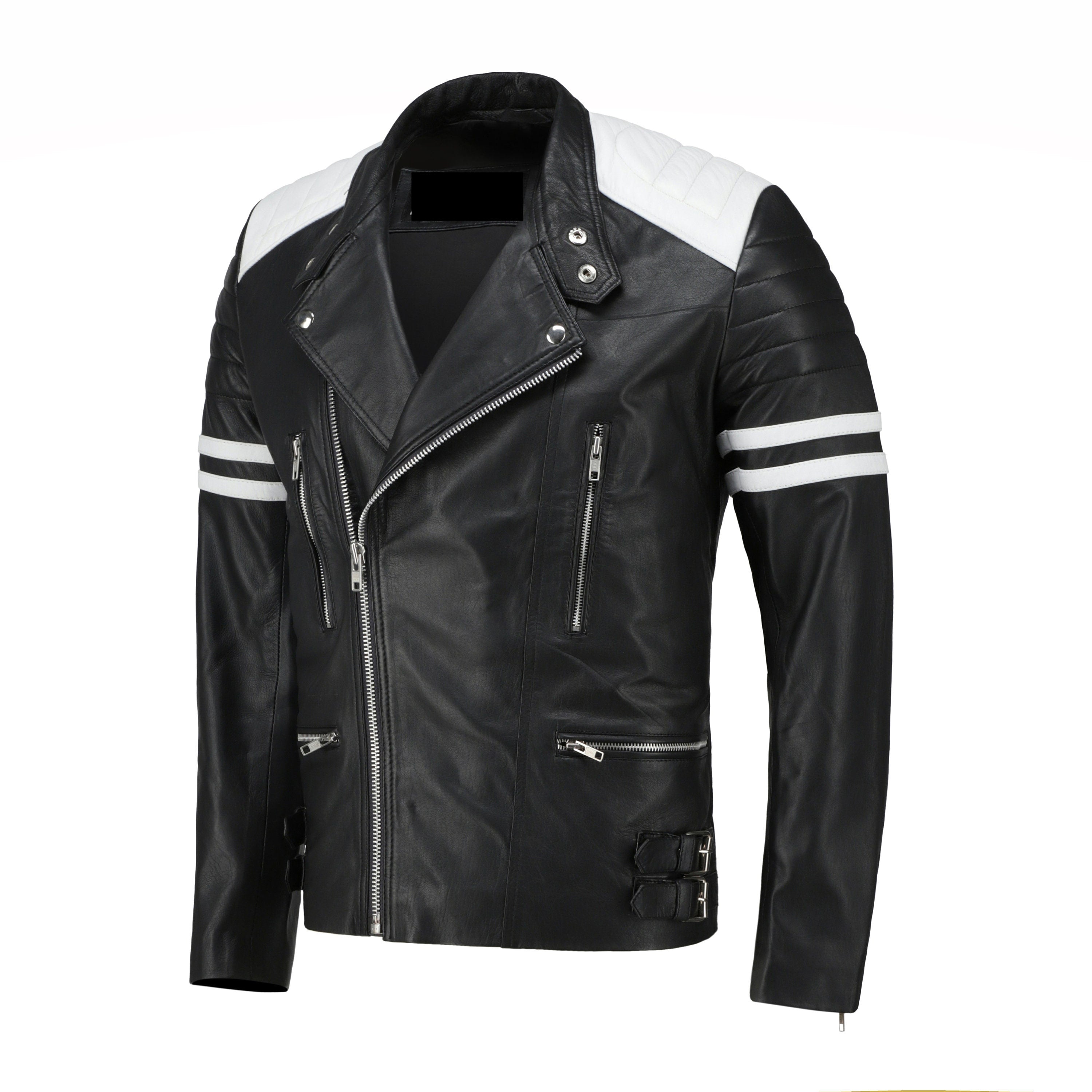 Rodger's White And Black Biker Style Leather Jacket Handcrafted by Ox and Bulls