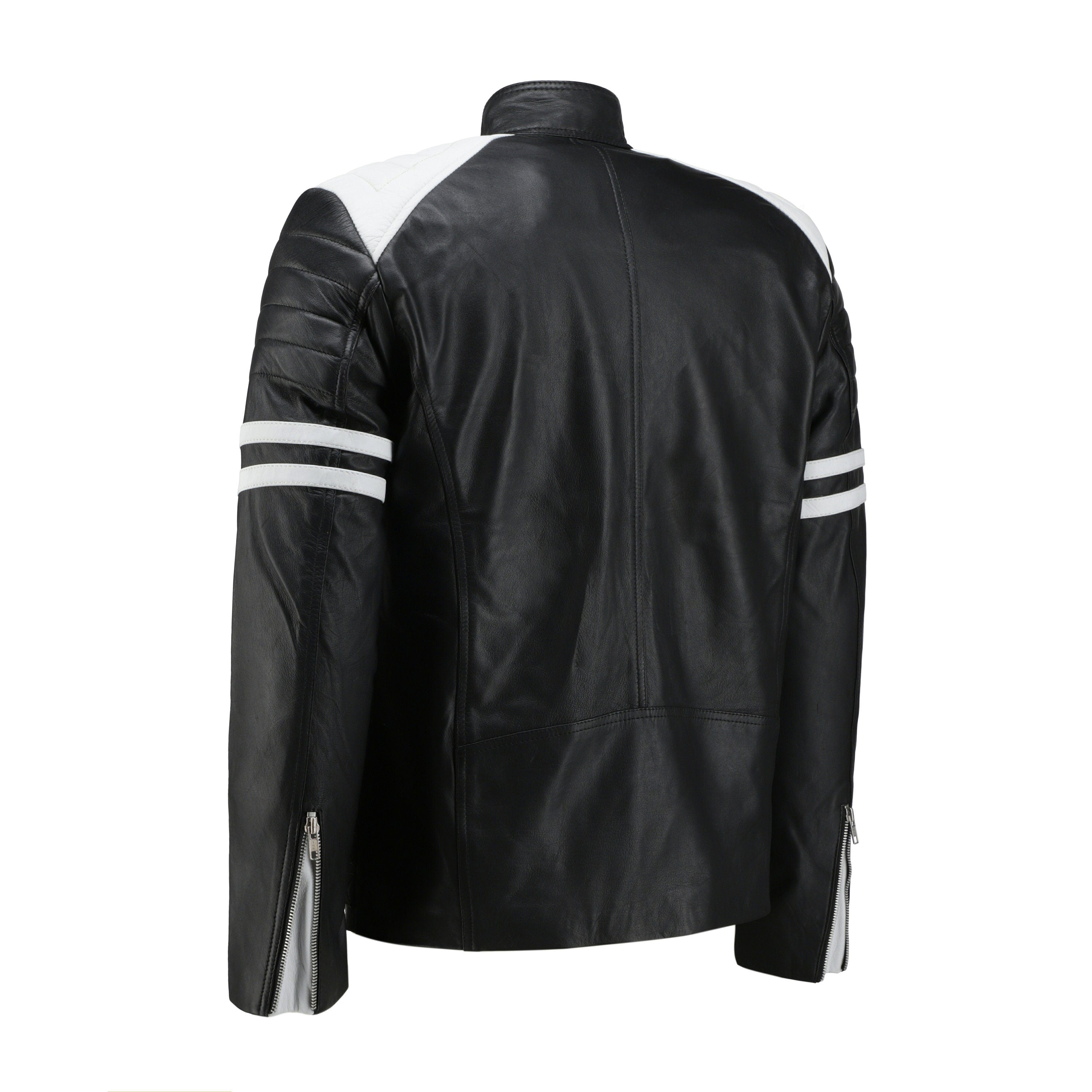 Rodger's White And Black Biker Style Leather Jacket Handcrafted by Ox and Bulls