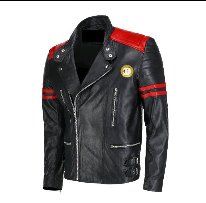 Handmade  Dogecoin Bomber Leather Jacket Red Stripes