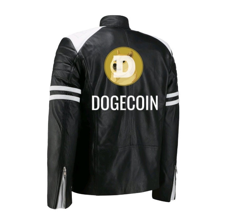 Handmade  Dogecoin Bomber Leather Jacket White Stripes