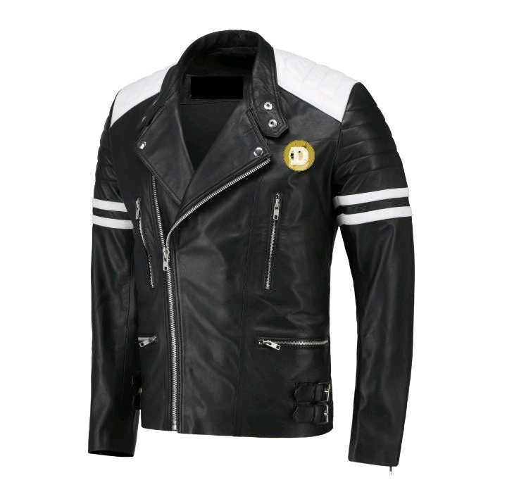 Handmade  Dogecoin Bomber Leather Jacket White Stripes