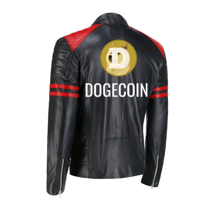 Handmade  Dogecoin Bomber Leather Jacket Red Stripes