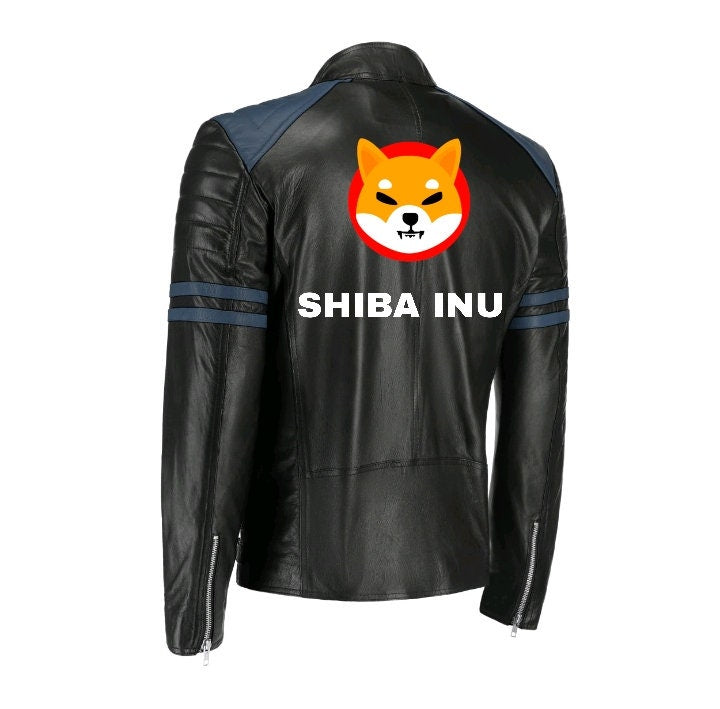 Handmade  Shiba Inu Bomber Leather Jacket Blue Stripes