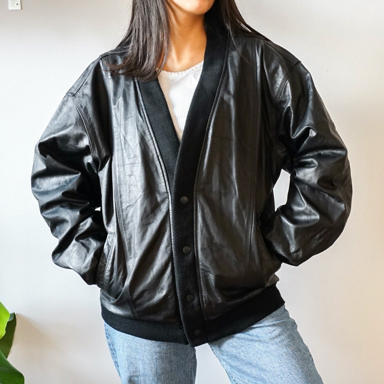 Handmade  90's Oversized Bomber Jacket Retro Leather Jacket Gift for Her Halloween Costume