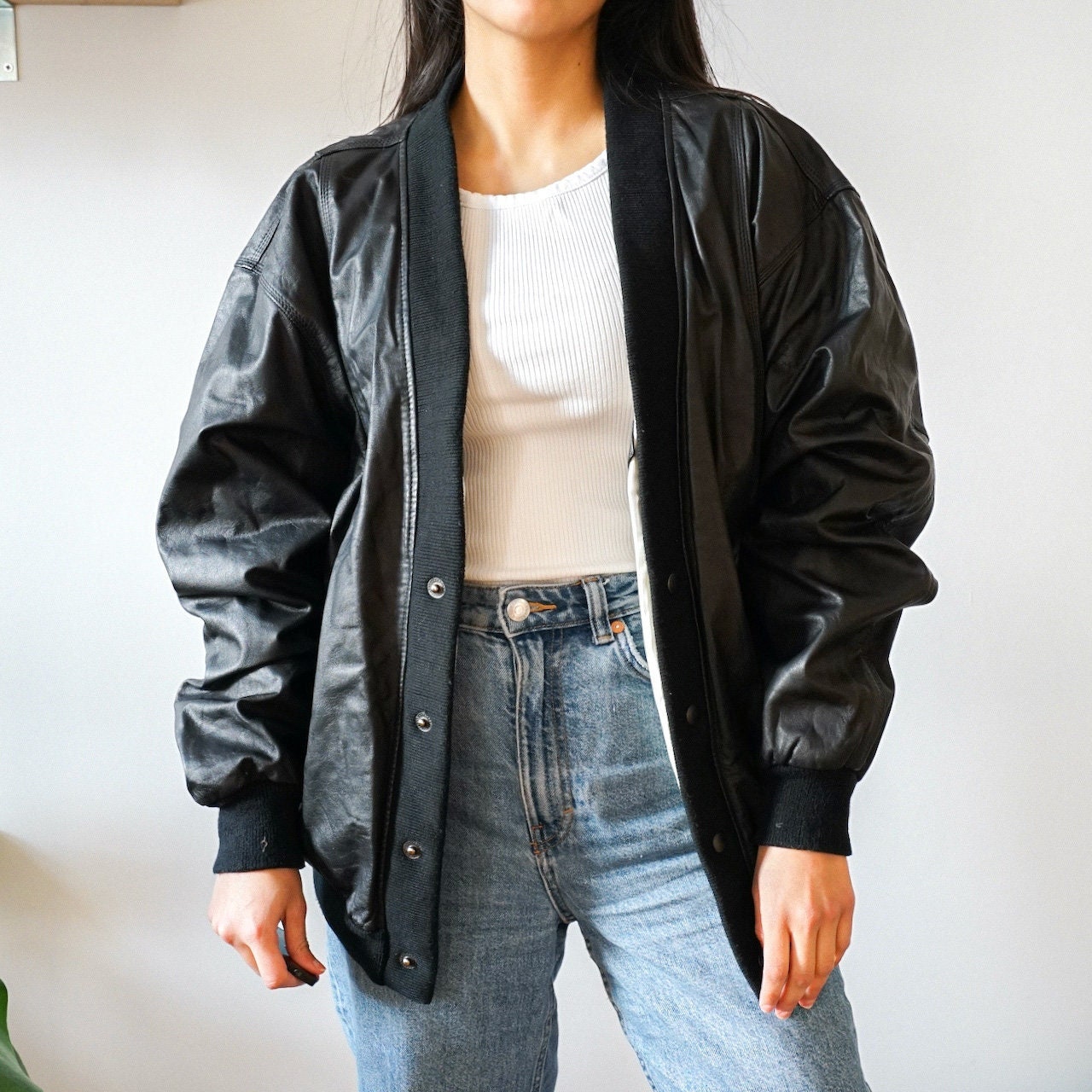 Handmade  90's Oversized Bomber Jacket Retro Leather Jacket Gift for Her Halloween Costume