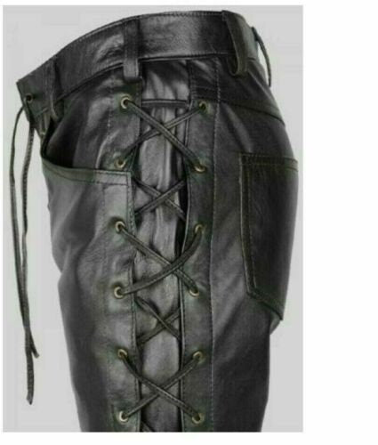 Handmade  Lace Up Black Leather Pants for Men Side Lace Up Black Punk Rock Pants