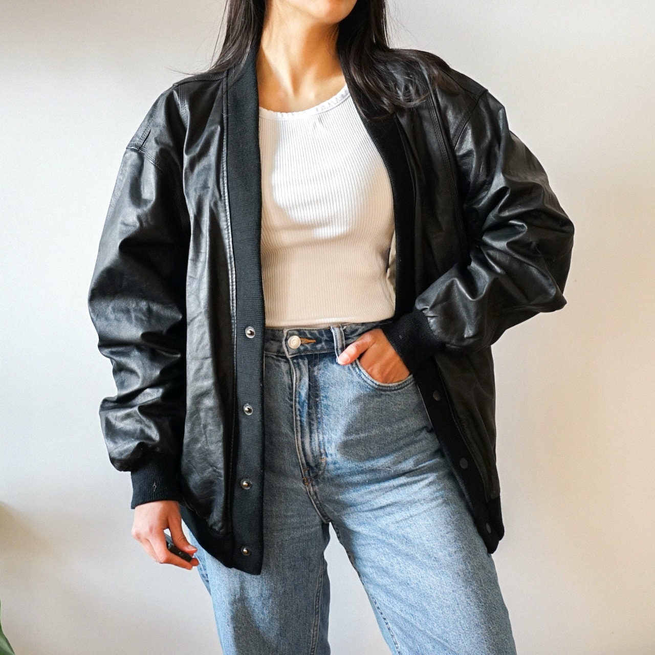 Handmade  90's Oversized Bomber Jacket Retro Leather Jacket Gift for Her Halloween Costume